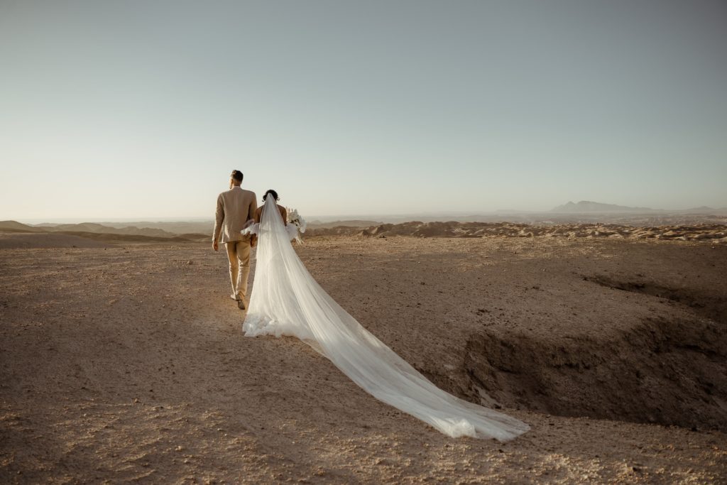 A wedding couple eloping in the Namibian Moonlandscape